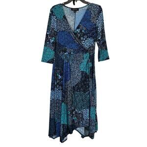 Perceptions New York Blue Floral Wrap Top Midi Dress A-Line Womens NWT